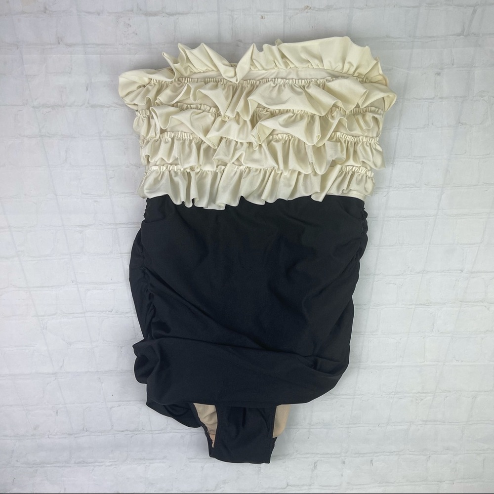ALBION ruffled cream and black strapless one piece bathing suit